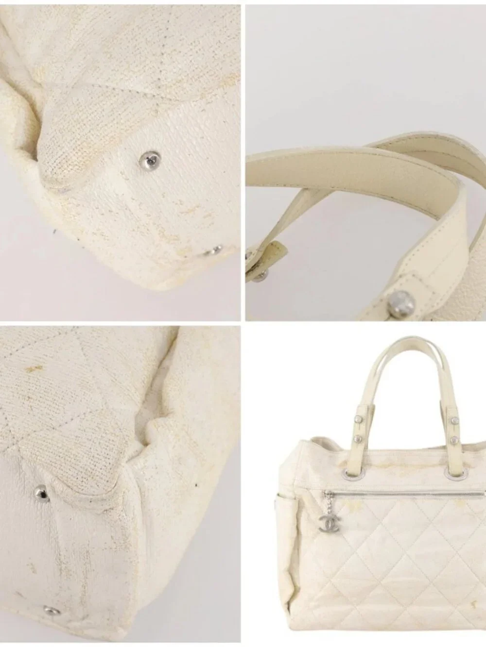 CHANEL Matelasse Paris Biarritz GM Tote Bag PVC Canvas White CC Auth hk3597